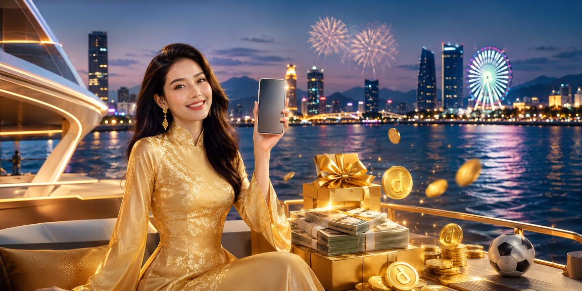 Người phụ nữ mặc áo dài tại Đà Nẵng tra cứu xổ số miền Trung trên điện thoại