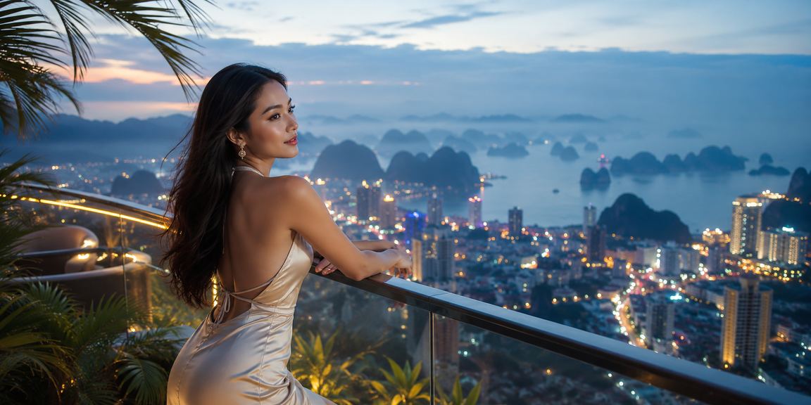 Người dùng xem kết quả xổ số trên điện thoại với phong cảnh vịnh Hạ Long phía sau